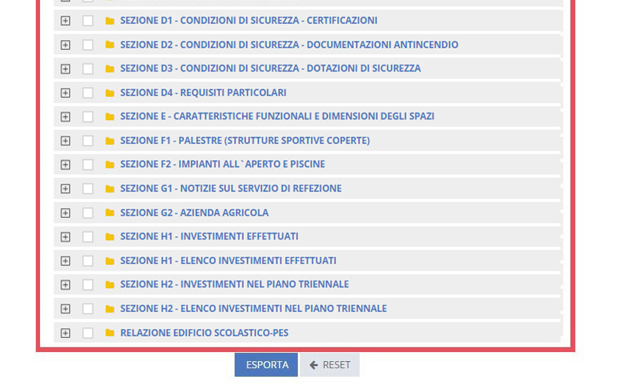 immagine pagina esportazioni, alberatura sezioni