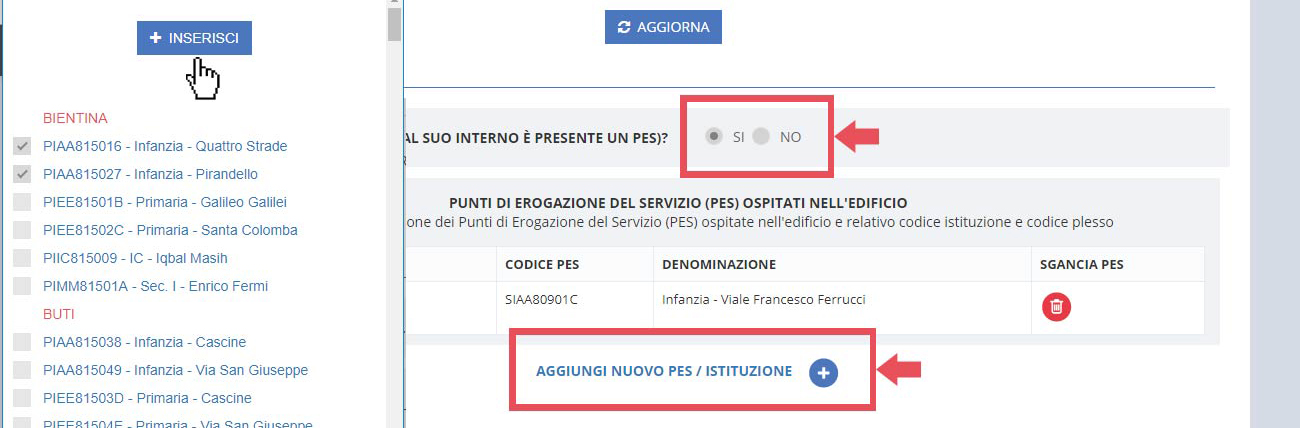 immagine pagina sezione A, stato dell'eficio, finestra PES selezionabili