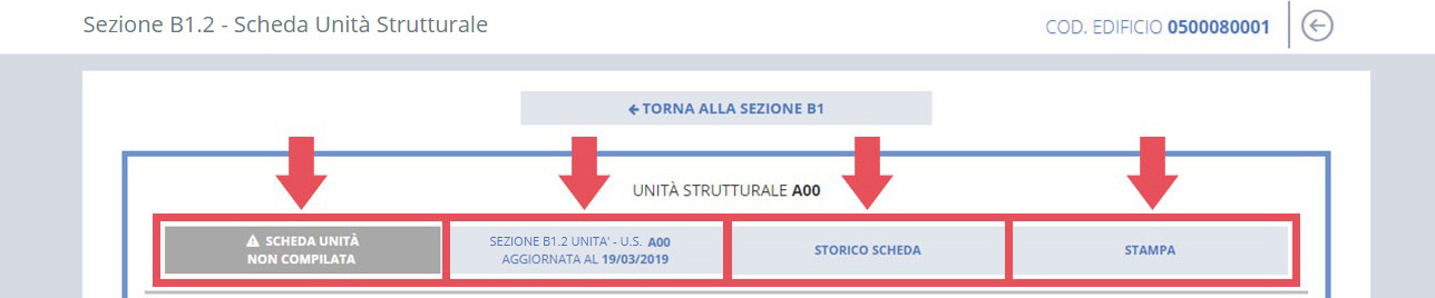 immagine pagina sezione B, scheda unità strutturale, indicazioni scheda compilata, utimo aggiornamento, pulsante storico scheda, pulsante stampa scheda