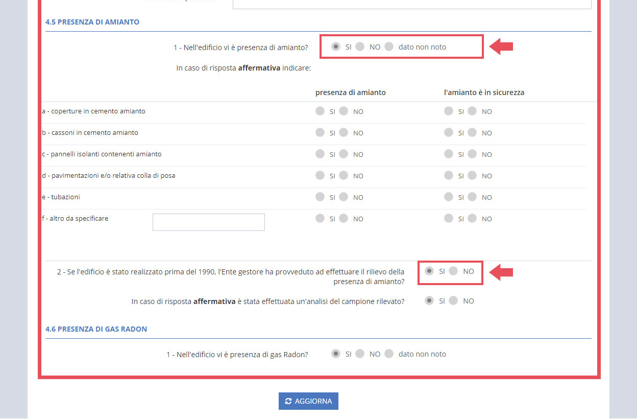 immagine pagina sezione D4 requisiti particolari, punto 4.5 presenza di amianto